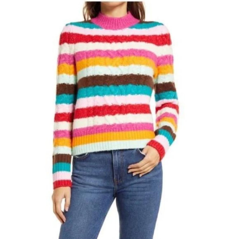 Halogen Size Large X Atlantic-Pacific Cable Knit Sweater Red Blaze Mellie Stripe